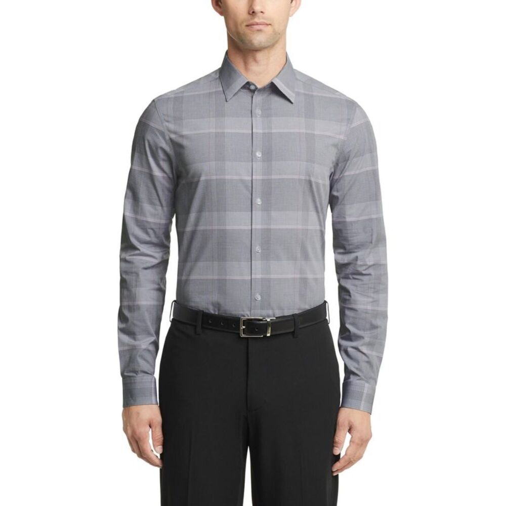 Calvin Klein Mens Stretch Steel + Button Down Dress Shirt, Grey, 15.5 Neck, DM